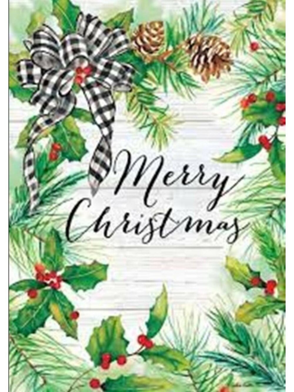 Custom Decor Merry Christmas House Flag 28x40 Holly Pinecone Buffalo Check Bow